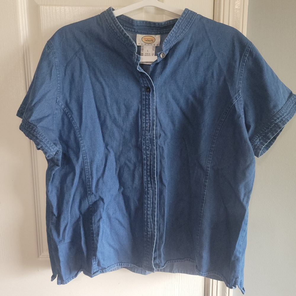 Talbots VTG Blue Denim Button Front Short Sleeve Top Blouse Petite Size Large